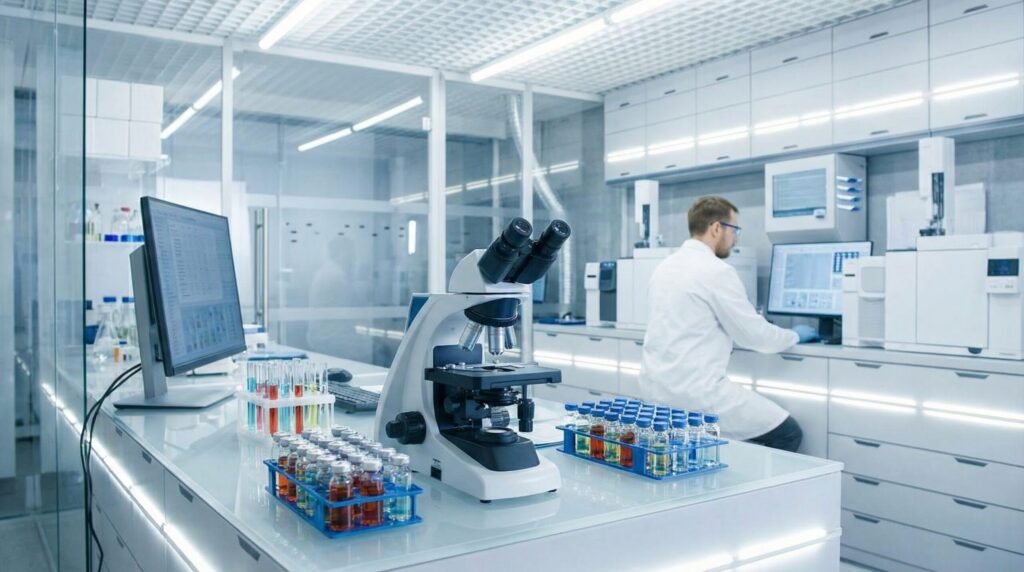 Moderní laboratoř s mikroskopy pro testování čistoty peptidů