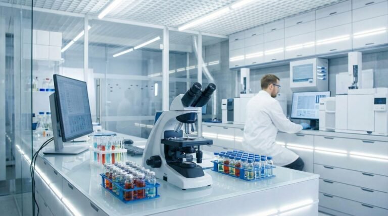 Moderní laboratoř s mikroskopy pro testování čistoty peptidů