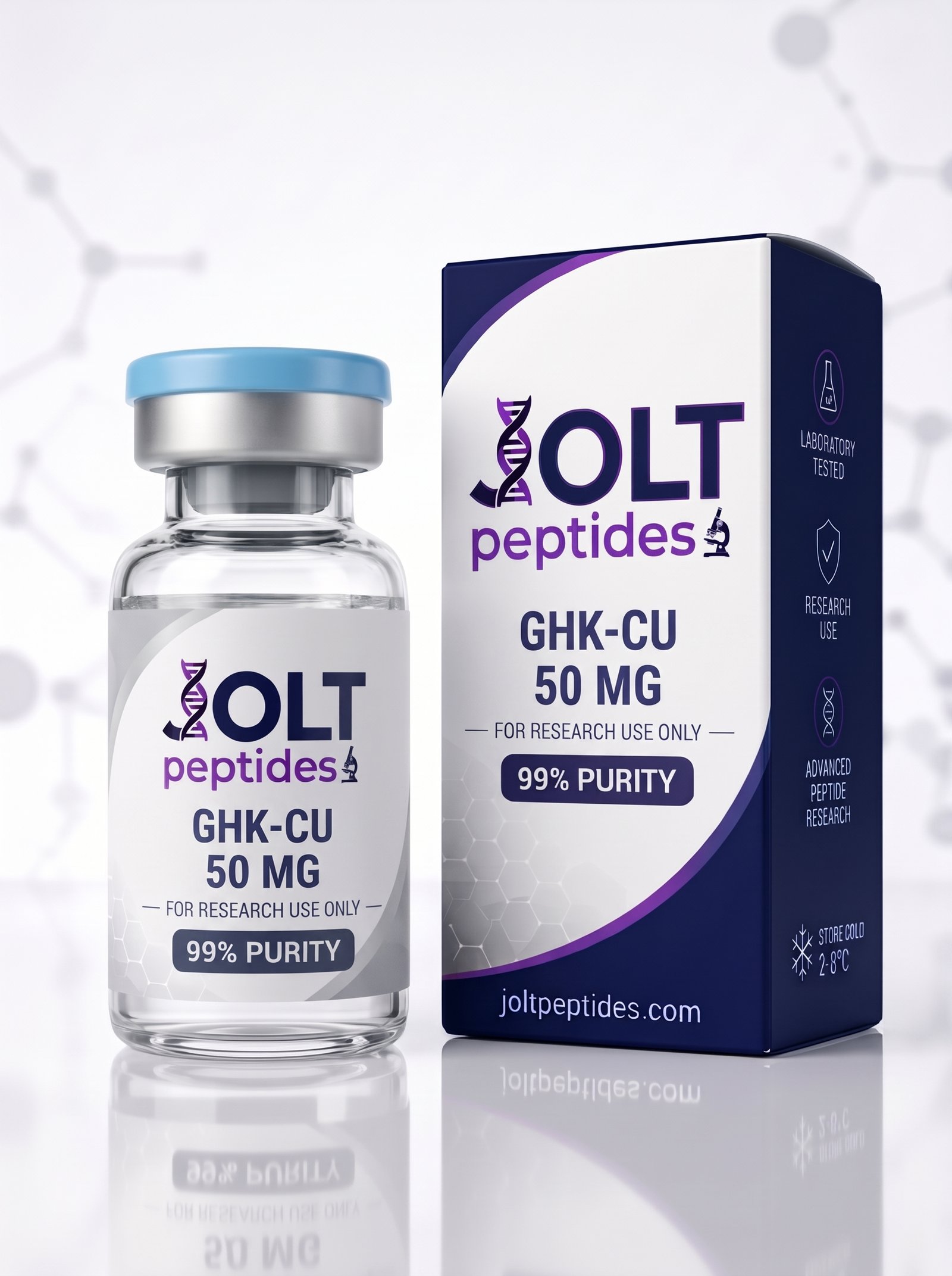 GHK-Cu 50 mg – lahvička a krabička Jolt Peptides